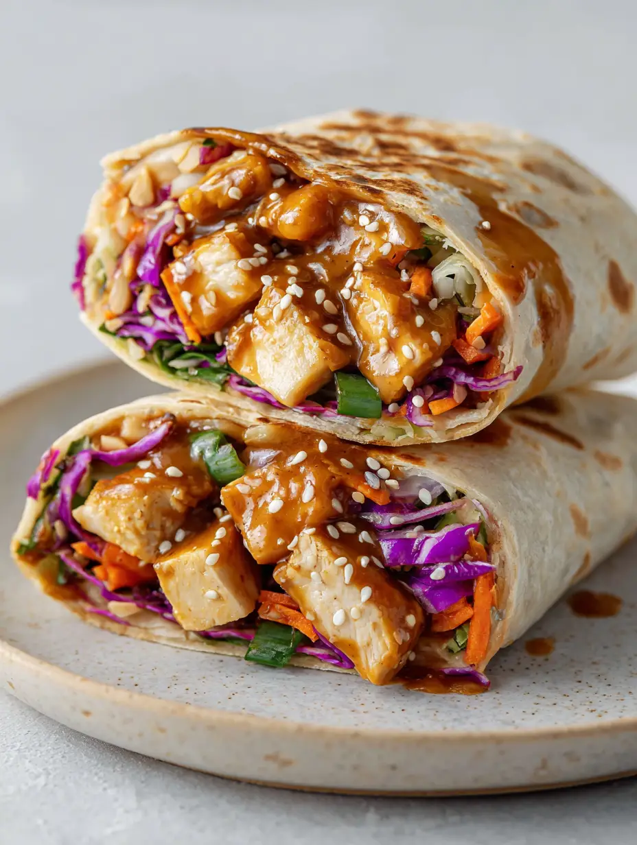 Thai Peanut Chicken Wraps with Crunchy Slaw and Zesty Peanut Sauce 4 Close-up of two halves of a Thai Peanut Chicken Wrap stacked on a plate, showing golden-brown chicken and vibrant vegetables.