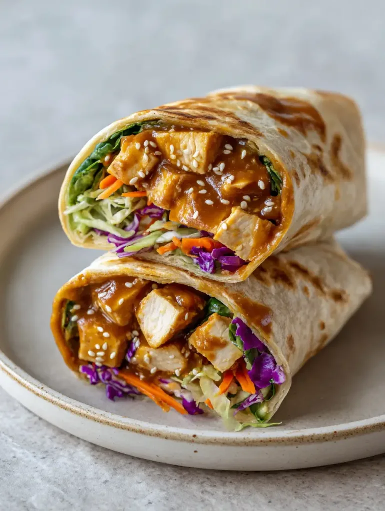 Thai Peanut Chicken Wraps with Crunchy Slaw and Zesty Peanut Sauce 2 A smartphone photo of sliced Thai Peanut Chicken Wraps showcasing the seared chicken texture and bright green scallions.