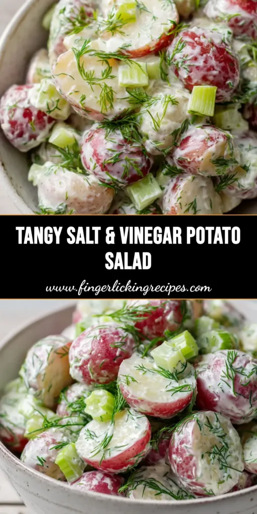 A tall Pinterest pin image showing a rustic bowl of Salt and Vinegar Potato Salad with halved red potatoes, fresh dill, and diced celery on a wooden surface.