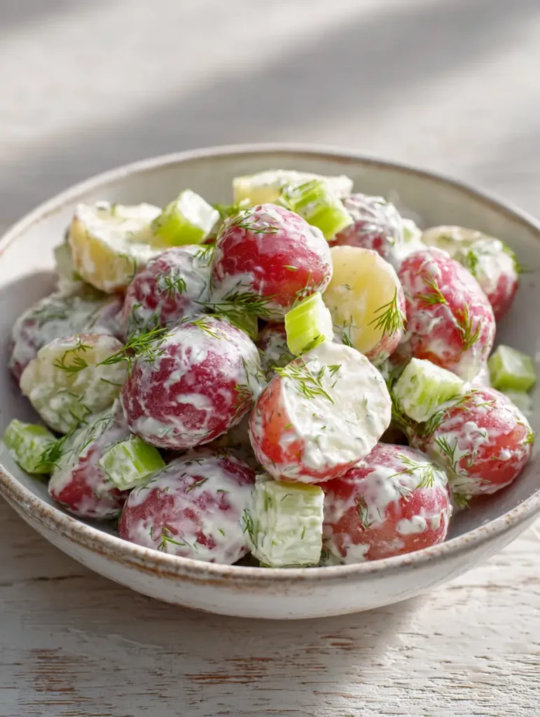 Close-up handheld smartphone photo of Salt and Vinegar Potato Salad in a white ceramic bowl featuring tender halved red potatoes and fresh dill.
