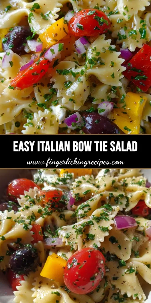 A top-down view of a vibrant Italian Bow Tie Pasta Salad in a white bowl, showing farfalle, peppers, and mozzarella pearls.