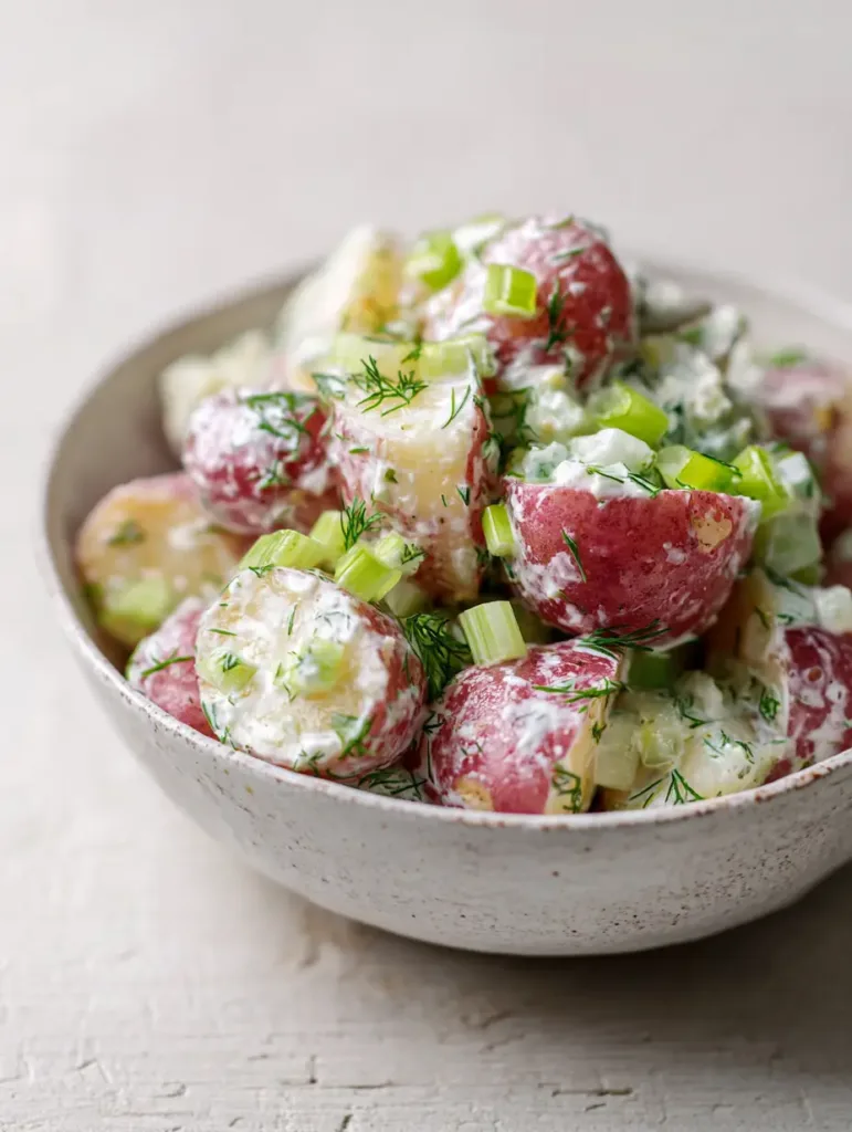 Top-down view of Salt and Vinegar Potato Salad with visible bits of crisp green celery and finely chopped dill on a neutral wood background.