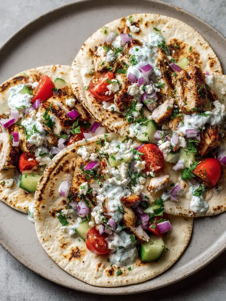 Handheld photo of three Mediterranean Chicken Tacos on a ceramic plate with golden-brown chicken and vibrant vegetables. (Mediterranean Chicken Tacos)
