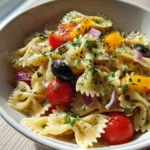 Italian Bow Tie Pasta Salad: The Ultimate Zesty Cold Pasta Recipe Close-up smartphone photo of Italian Bow Tie Pasta Salad featuring golden herb-flecked dressing and vibrant bell peppers.