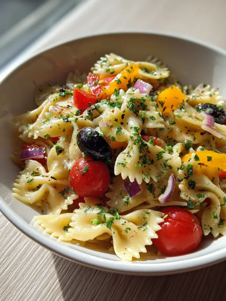 Close-up smartphone photo of Italian Bow Tie Pasta Salad featuring golden herb-flecked dressing and vibrant bell peppers.