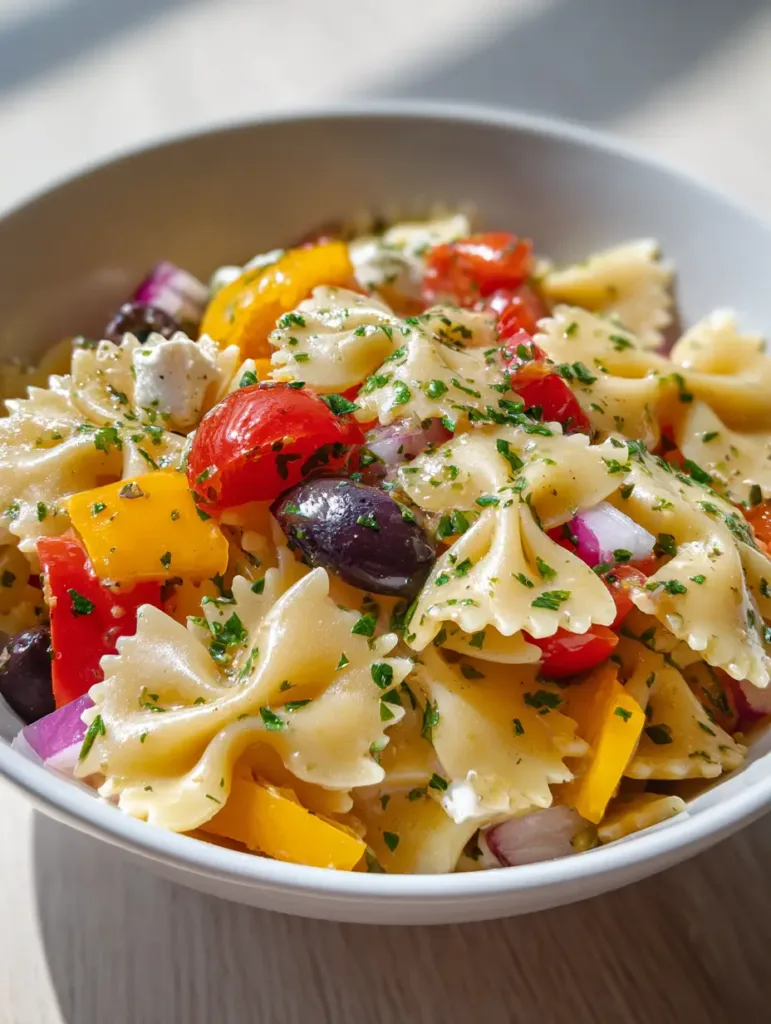 A bowl of Italian Bow Tie Pasta Salad sitting on a light wooden table in natural daylight.