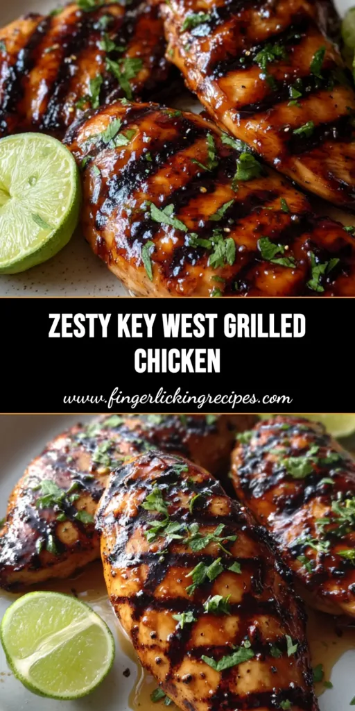 A close-up vertical shot of three Key West Grilled Chicken breasts with glossy amber glaze and diagonal char marks on a light wooden table.