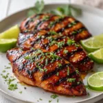 Top-down handheld photo of three Key West Grilled Chicken breasts on an off-white plate, featuring fresh cilantro and lime wedges.