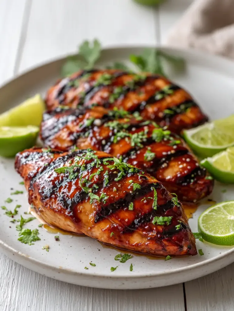 Top-down handheld photo of three Key West Grilled Chicken breasts on an off-white plate, featuring fresh cilantro and lime wedges.