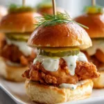 Close-up handheld view of Crispy Fried Chicken Sliders showing the thick golden crispy batter and dripping creamy white aioli sauce.