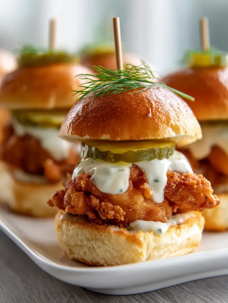Crispy Fried Chicken Sliders with Creamy Aioli and Buttery Brioche 3 Close-up handheld view of Crispy Fried Chicken Sliders showing the thick golden crispy batter and dripping creamy white aioli sauce.