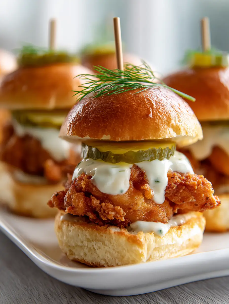 Crispy Fried Chicken Sliders with Creamy Aioli and Buttery Brioche 4 Close-up handheld view of Crispy Fried Chicken Sliders showing the thick golden crispy batter and dripping creamy white aioli sauce.