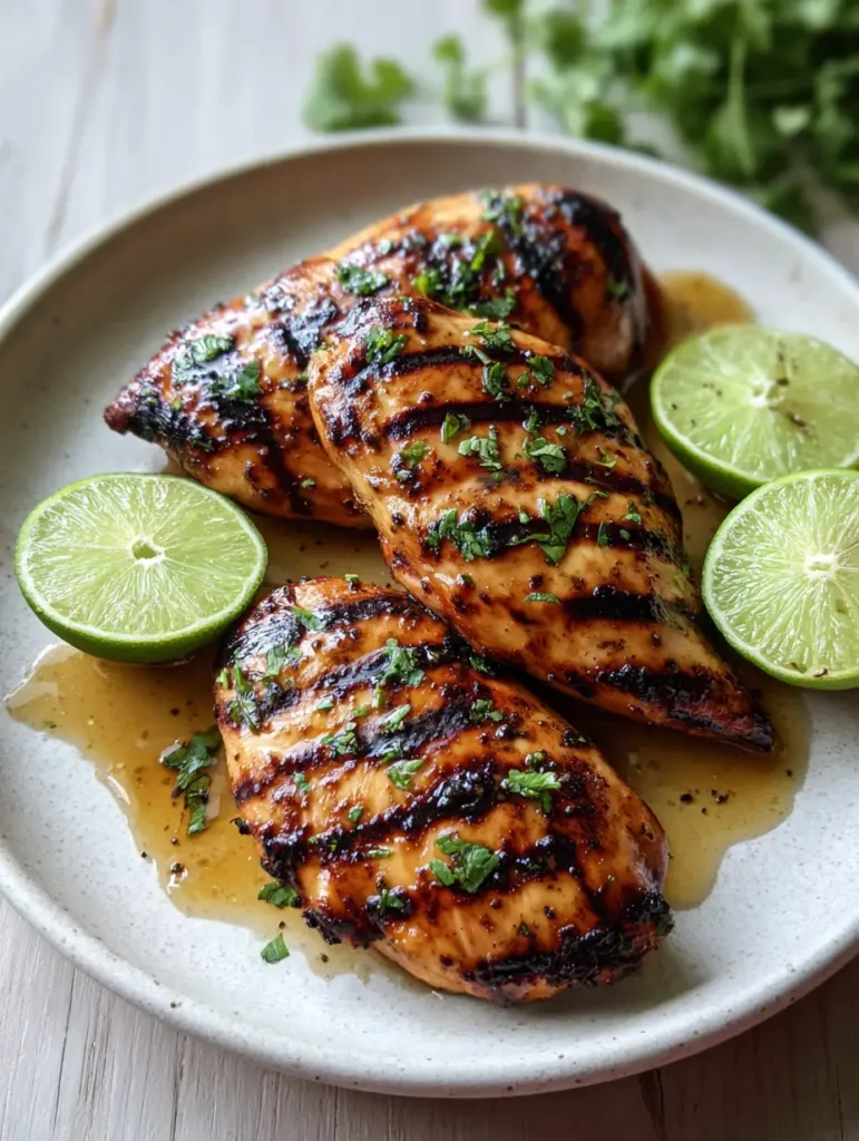 Close up of diagonal dark brown char marks on a glossy Key West Grilled Chicken breast.