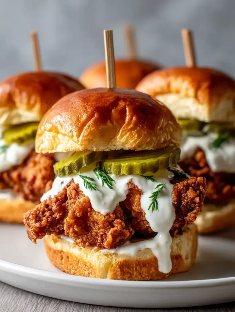 Crispy Fried Chicken Sliders with Creamy Aioli and Buttery Brioche 2 Three fried chicken sliders on a white plate with wooden toothpicks inserted through the glossy toasted brioche buns.