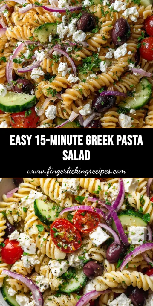 A top-down handheld smartphone photo of a Greek Pasta Salad with Feta in a large white bowl, featuring rotini, cherry tomatoes, and cucumbers.