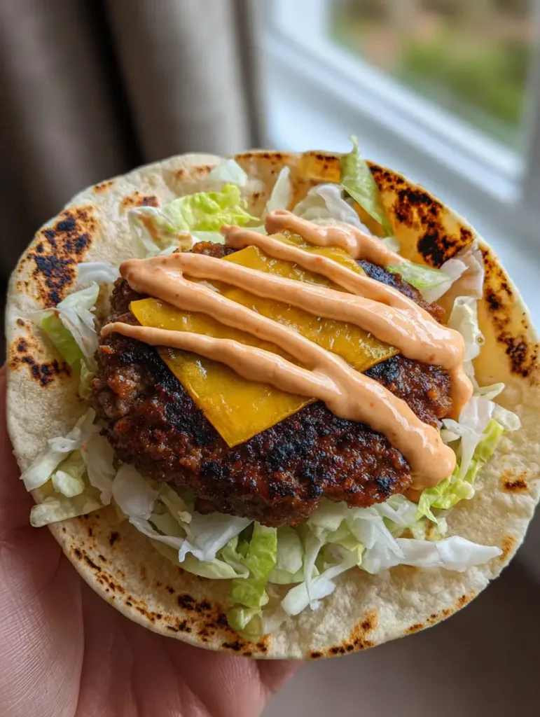 A handheld Smash Burger Taco showing the lacy charred beef edges and melted American cheese. (Smash Burger Tacos)
