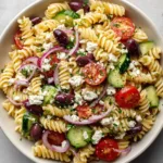 Greek Pasta Salad with Feta: The Ultimate Mediterranean Summer Recipe Close-up of Greek Pasta Salad with Feta showing glossy rotini spirals and bright red cherry tomatoes in natural light.