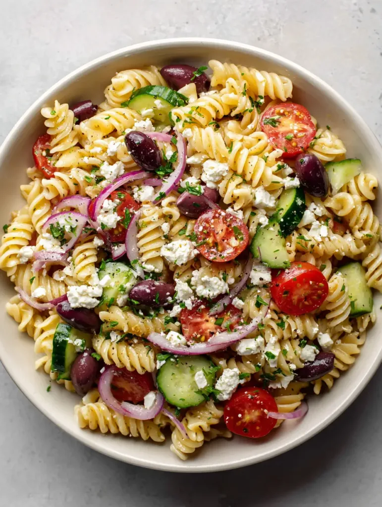 Close-up of Greek Pasta Salad with Feta showing glossy rotini spirals and bright red cherry tomatoes in natural light.