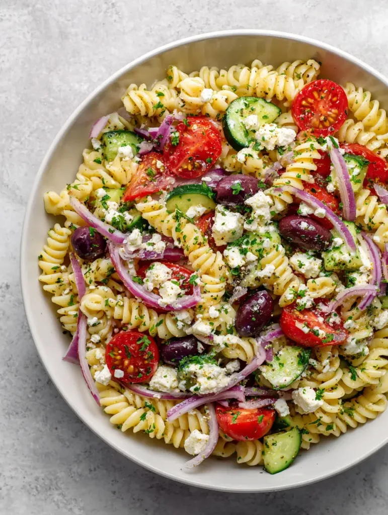 Top-down view of Greek Pasta Salad with Feta featuring kalamata olives, purple onions, and crumbled feta cheese garnish.