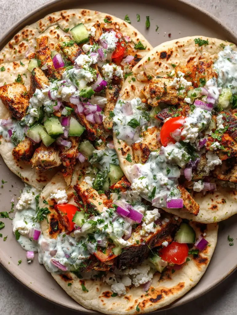 Close up shot of Mediterranean Chicken Tacos showcasing the charred flour tortillas and thick white tzatziki sauce.