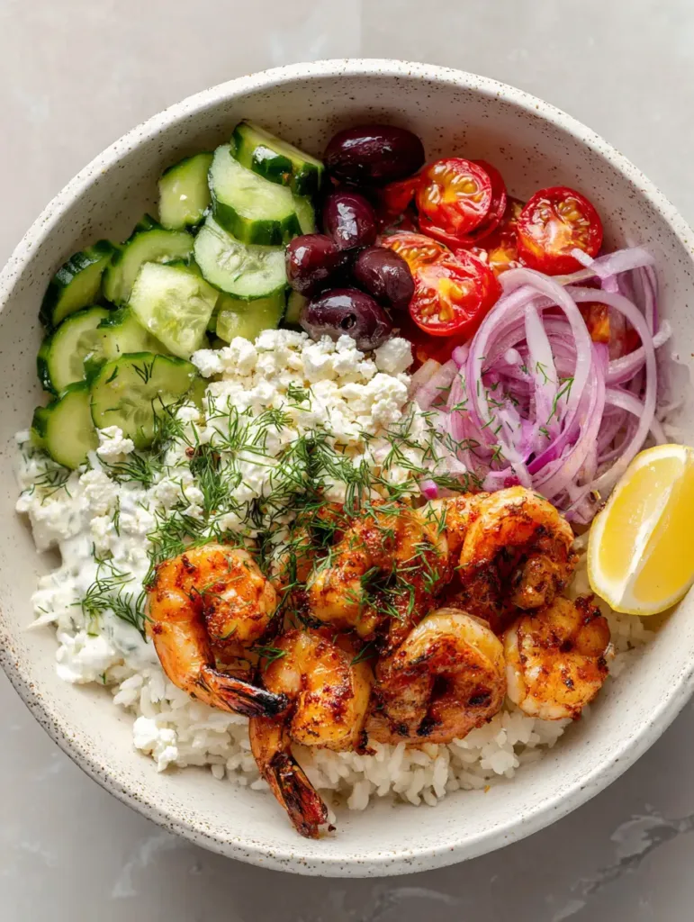 Overhead smartphone photo of a Greek Shrimp Bowl with vibrant red shrimp, green cucumbers, and purple olives on a stone background.