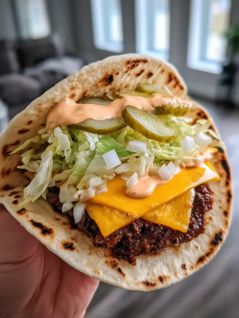 Single Smash Burger Taco topped with shredded lettuce, crinkle-cut pickles, and diced onions.