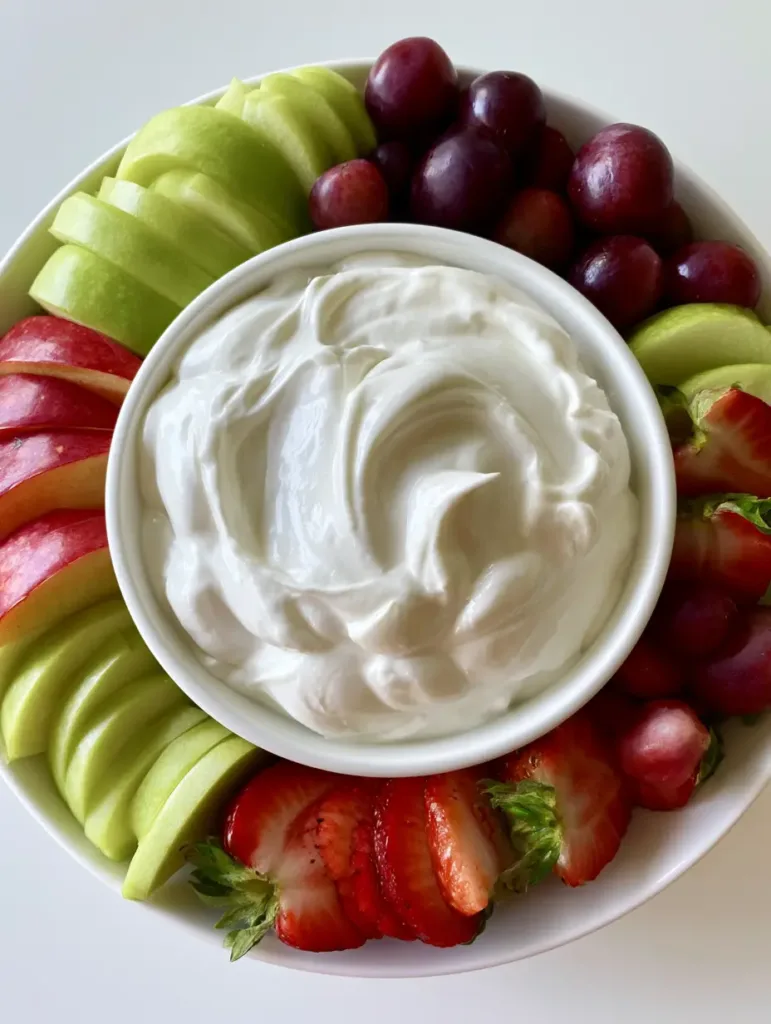 A close-up shot of a white ceramic bowl filled with glossy, thick Cream Cheese Fruit Dip showing soft rounded peaks and smooth texture.