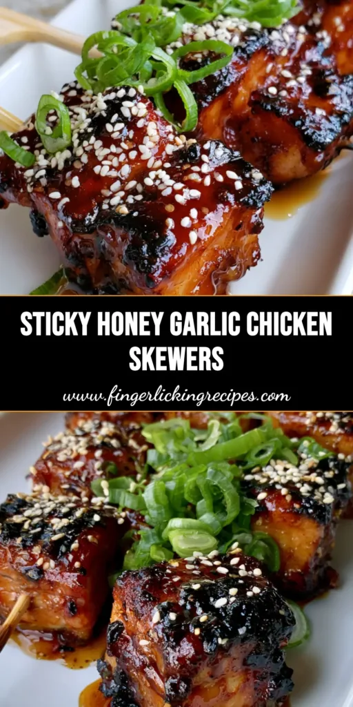 Three grilled Honey Garlic Chicken Skewers on a white plate with thick amber glaze and green onions.