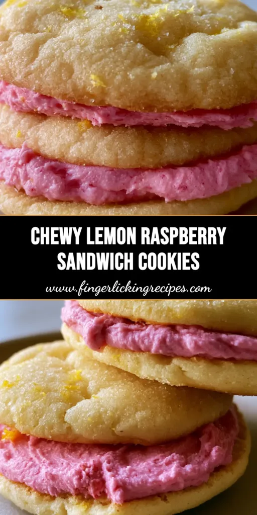 A stack of Lemon Raspberry Sandwich Cookies with vibrant pink frosting peeking out between golden, crinkled sugar cookies.