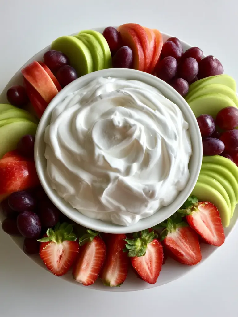 Symmetrical arrangement of green apple slices, red apple slices, and halved strawberries with green tops around a bowl of Cream Cheese Fruit Dip.
