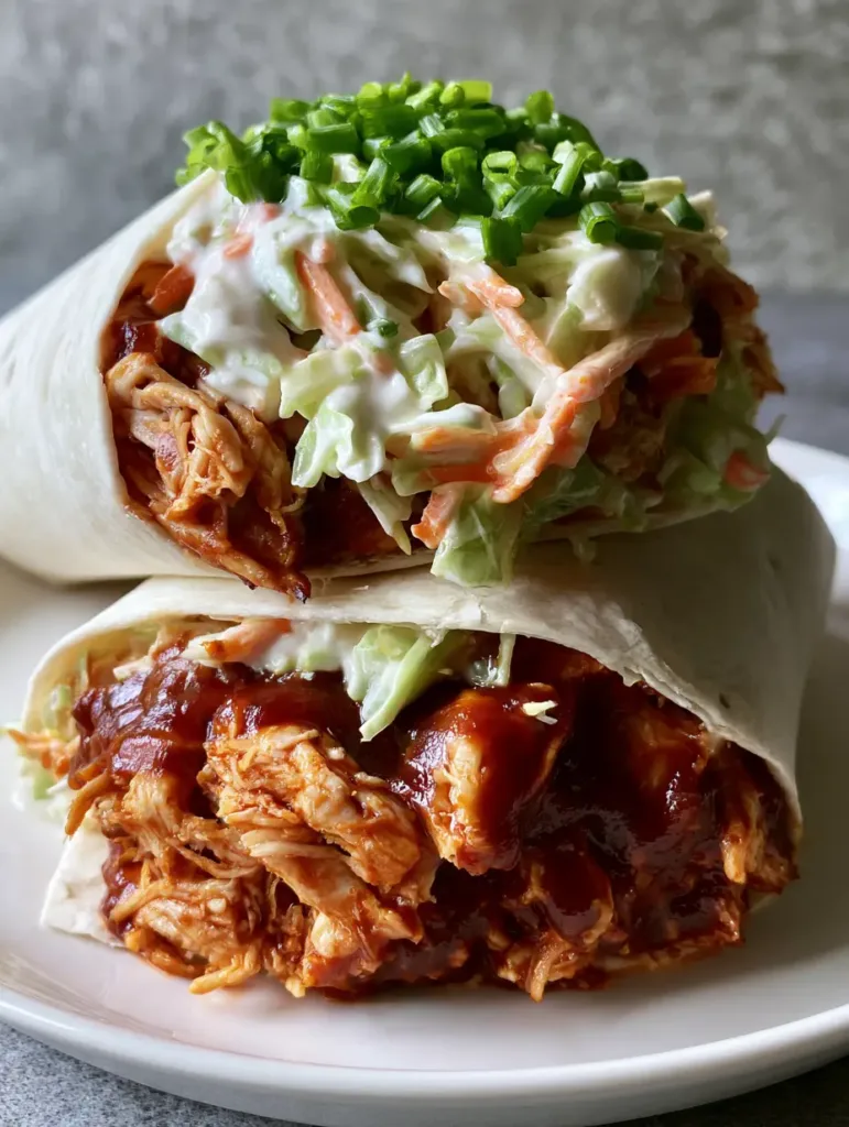 BBQ Chicken Coleslaw Wraps with Tangy Homemade Slaw 3 A close up handheld smartphone photo of two BBQ chicken wraps sliced in half and stacked on a white plate. (BBQ Chicken Coleslaw Wraps)