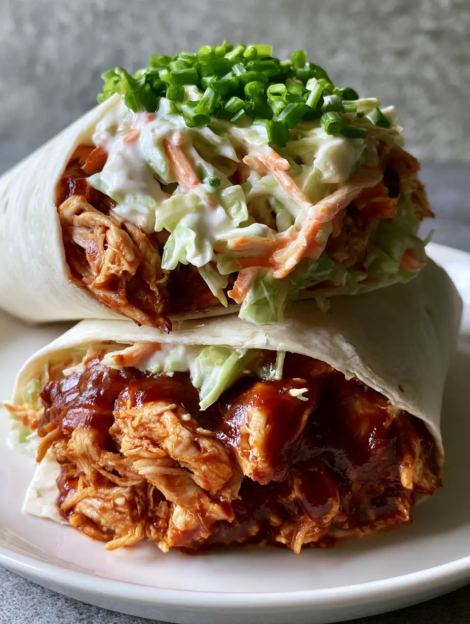 BBQ Chicken Coleslaw Wraps with Tangy Homemade Slaw 4 A close up handheld smartphone photo of two BBQ chicken wraps sliced in half and stacked on a white plate. (BBQ Chicken Coleslaw Wraps)