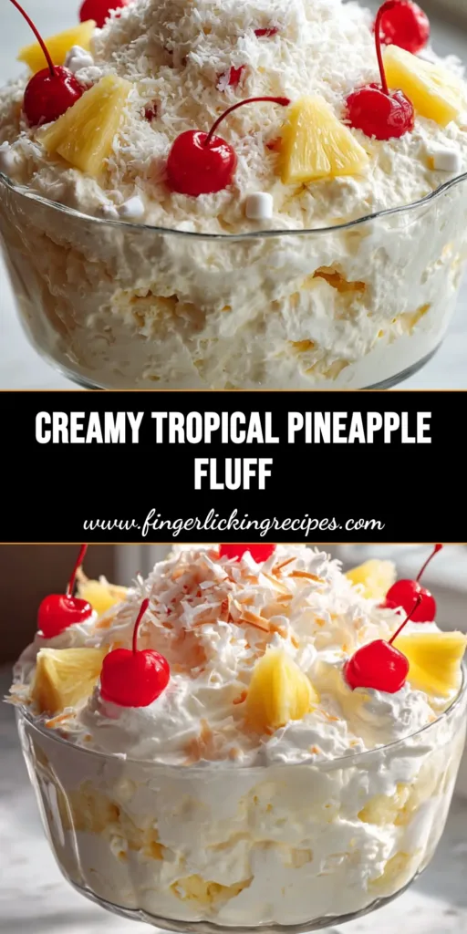 A clear glass trifle bowl filled with billowy Hawaiian Pineapple Coconut Fluff, topped with snowy coconut, red cherries with stems, and fresh pineapple wedges on a marble counter.