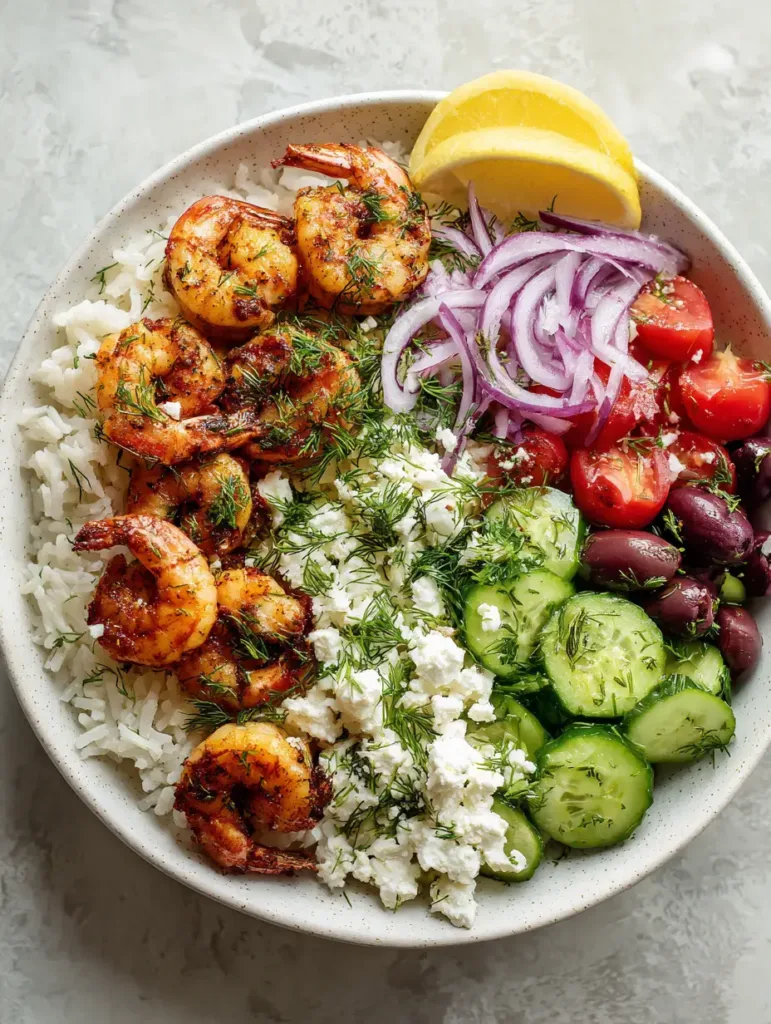 Side view of a Mediterranean shrimp grain bowl showing the fluffy rice layer and generous toppings of feta and fresh dill.