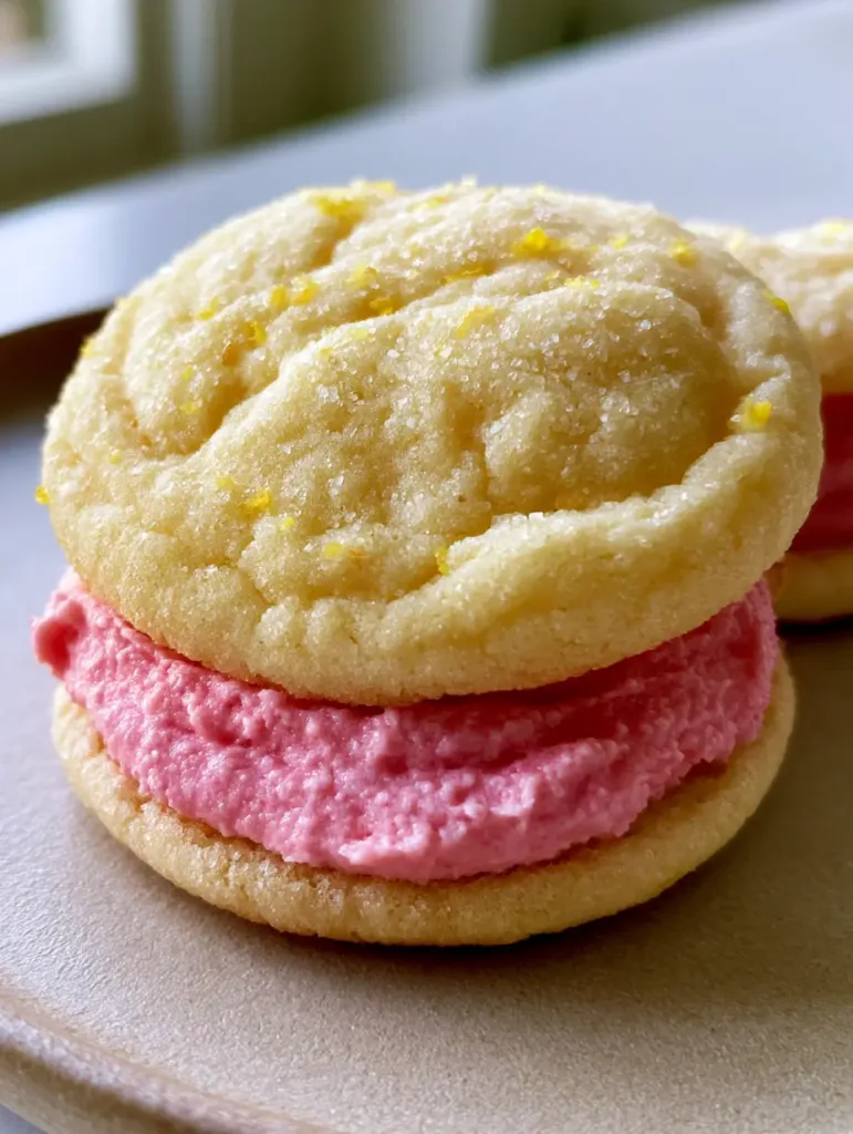 Close-up handheld photo of a Lemon Raspberry Sandwich Cookie showing the yellow zest flecks and golden-brown edges.