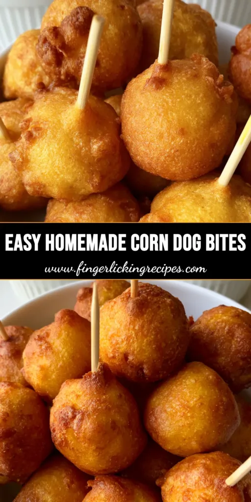 A pile of crispy, golden-brown Corn Dog Bites in a white ceramic bowl with toothpicks inserted, served with mustard and ketchup.