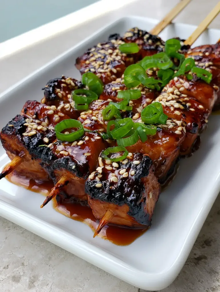 Honey Garlic Chicken Skewers with thick translucent glaze pooling on a white ceramic plate.