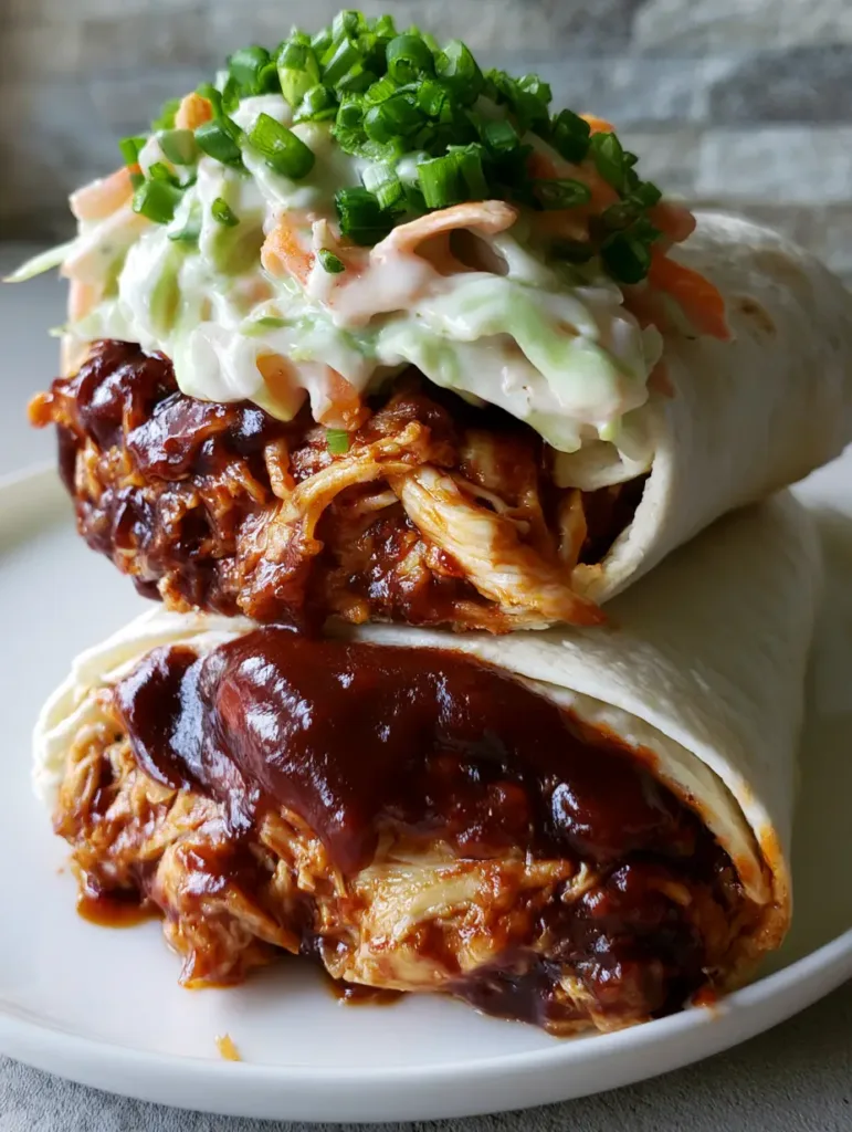 BBQ Chicken Coleslaw Wraps with Tangy Homemade Slaw 2 A stack of sliced BBQ chicken wraps on a grey stone background featuring glossy mahogany sauce. (BBQ Chicken Coleslaw Wraps)