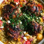 Close-up of crispy skin-on chicken thighs nested on ivory orzo with red and yellow peppers in a Mediterranean Chicken Casserole.