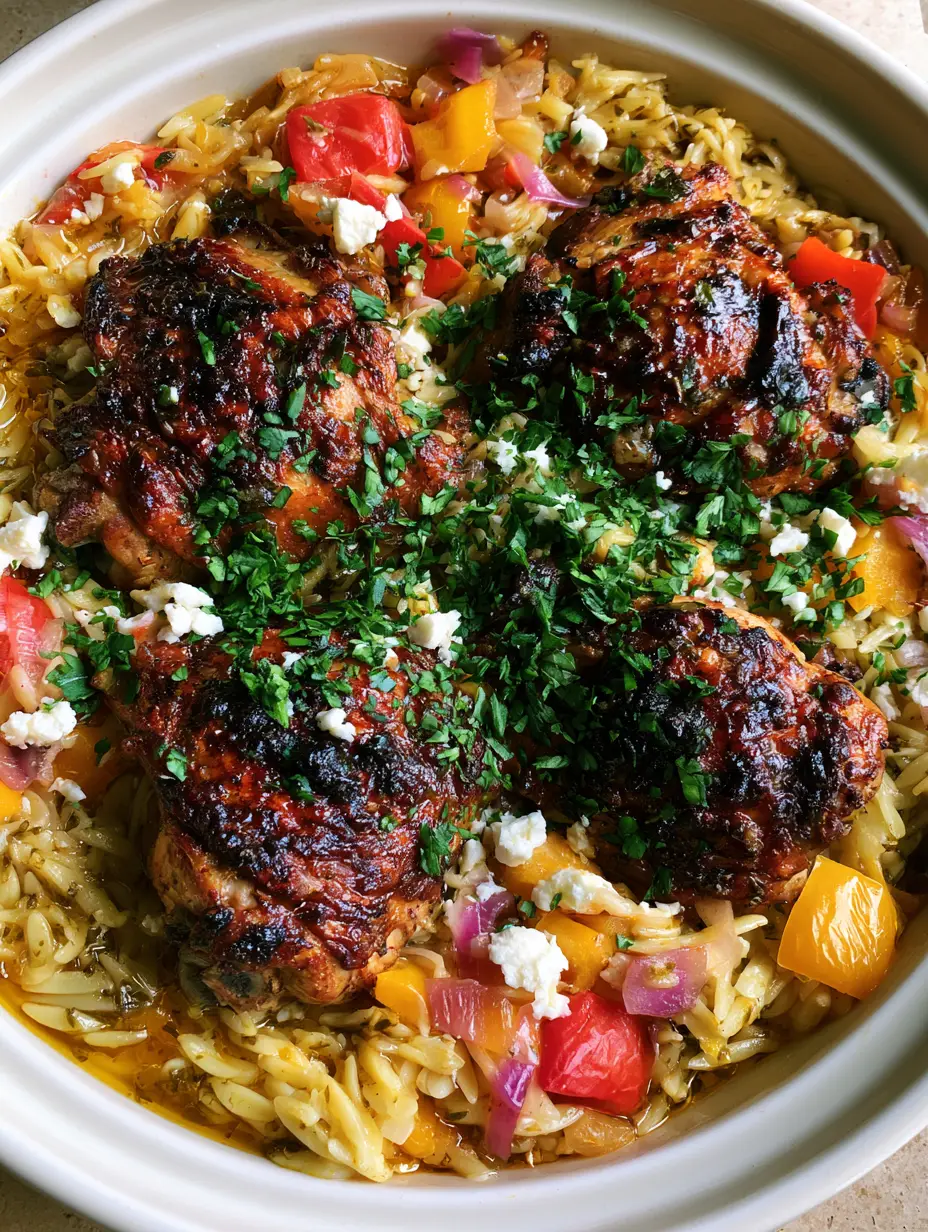 Mediterranean Chicken Casserole with Crispy Skin and Golden Herb Orzo 5 Close-up of crispy skin-on chicken thighs nested on ivory orzo with red and yellow peppers in a Mediterranean Chicken Casserole.