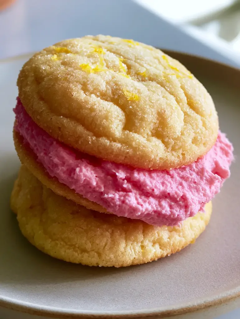 Two Lemon Raspberry Sandwich Cookies plated on a neutral ceramic surface in bright, natural light.