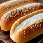 Close up handheld photo of three fluffy Homemade Hot Dog Buns showing the soft white interior and sesame seed garnish.