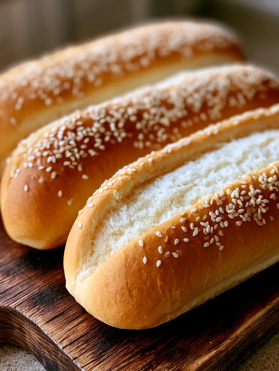 Homemade Hot Dog Buns: The Ultimate Fluffy Split-Top Recipe 4 Close up handheld photo of three fluffy Homemade Hot Dog Buns showing the soft white interior and sesame seed garnish.