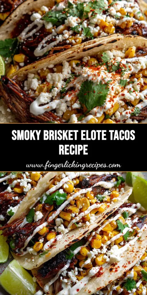 A top-down Pinterest pin of three Smoky Brisket Elote Tacos on a light grey plate with charred corn and crema.