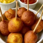 Overhead shot of golden-brown Corn Dog Bites in a white bowl showing the textured cornmeal crust.
