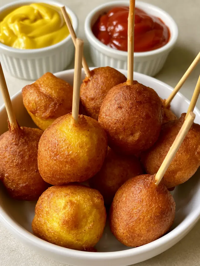 Overhead shot of golden-brown Corn Dog Bites in a white bowl showing the textured cornmeal crust.