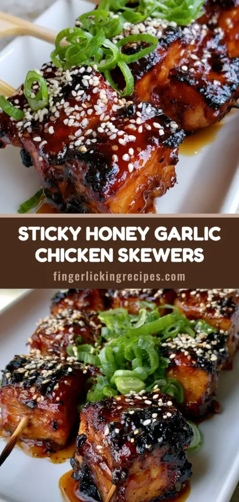 Three grilled Honey Garlic Chicken Skewers on a white plate with thick amber glaze and green onions.