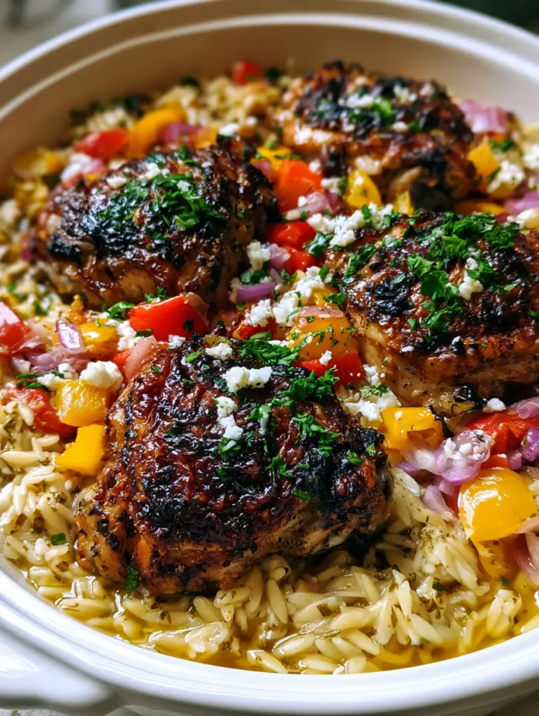 Mediterranean Chicken Casserole with Crispy Skin and Golden Herb Orzo 2 Detail of translucent golden herb sauce coating ivory orzo and softened red and yellow peppers in a Mediterranean Chicken Casserole.