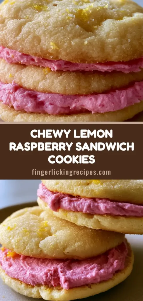 A stack of Lemon Raspberry Sandwich Cookies with vibrant pink frosting peeking out between golden, crinkled sugar cookies.