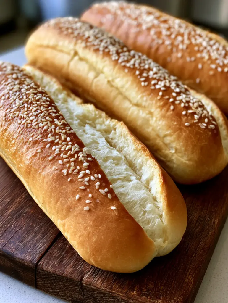 Homemade Hot Dog Buns: The Ultimate Fluffy Split-Top Recipe 2 Evenly baked Homemade Hot Dog Buns on a wooden board highlighting the smooth texture and golden crust.